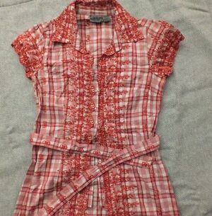 Women's Button Up Short Sleeve Red And White With Flowers.